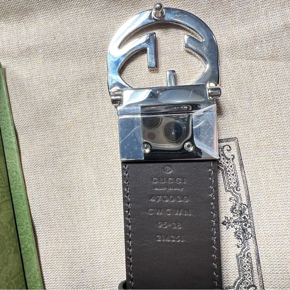 NWOT Gucci Belt Men's Leather Metal Black Brown 95cm 38in 473030 Interlocking G… - Picture 6 of 10